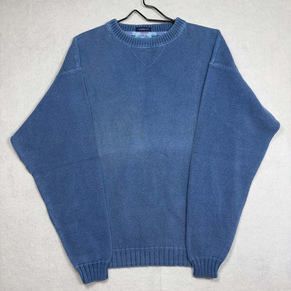 Vintage Gant Sweater Mens Small Blue Cotton Ribbed Knit Crew Neck Pullover
